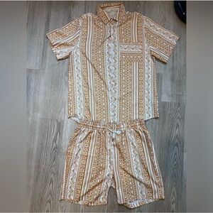 Men yellow pattern pants and shorts set